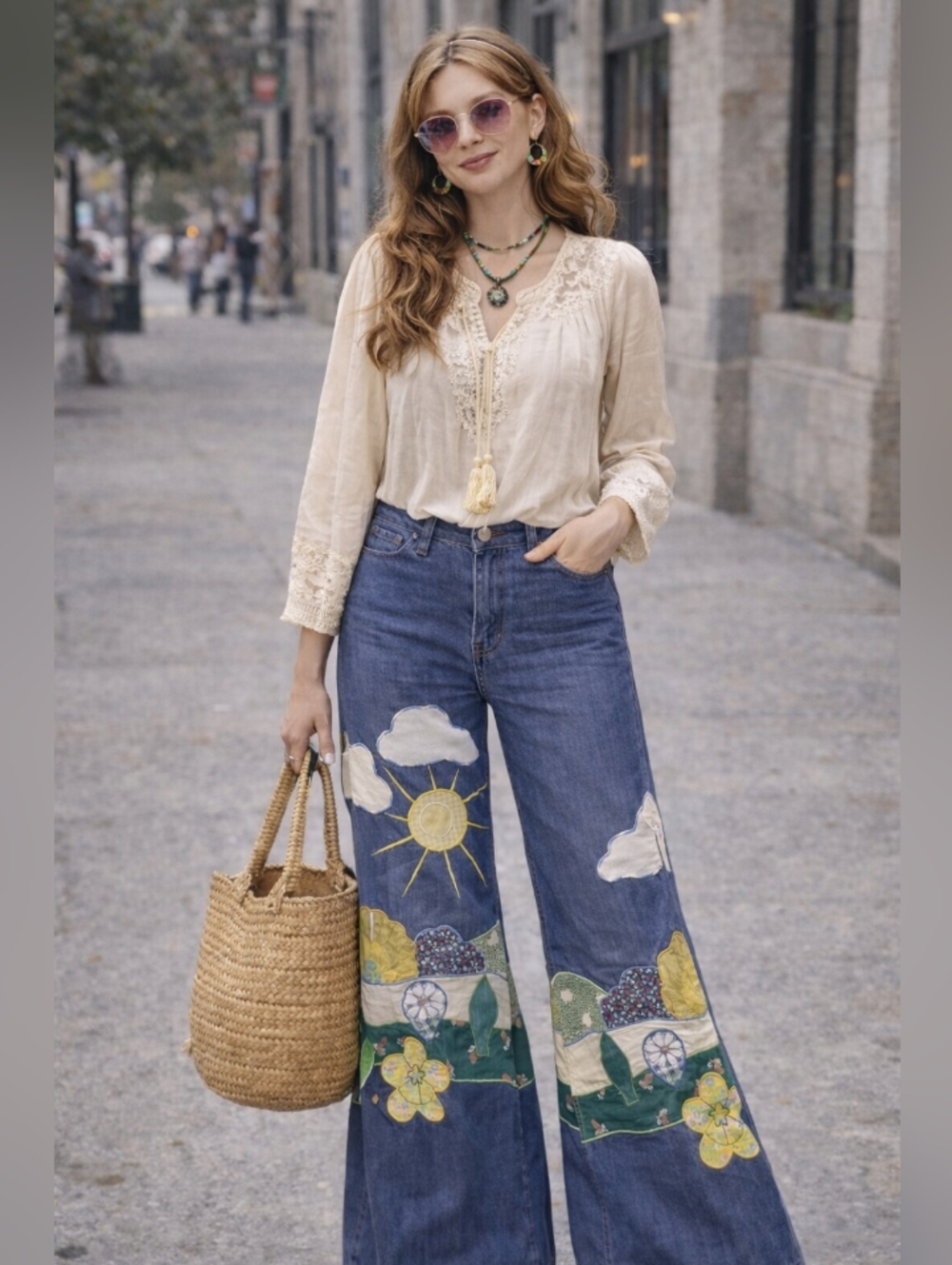True Vintage 70s bell bottom jeans with embroidery and patches